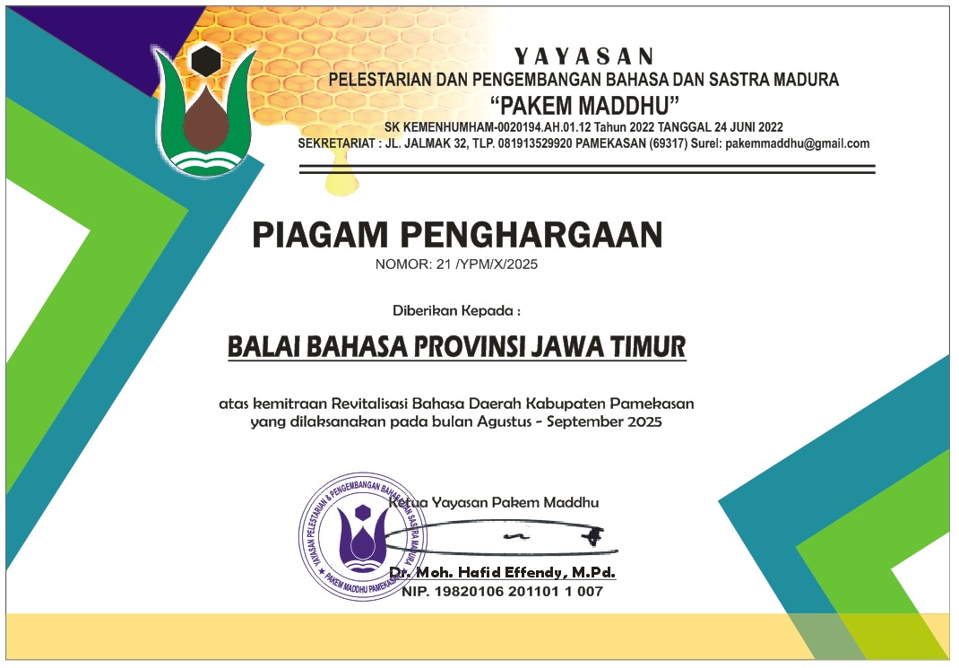 Piagam Piagam Penghargaan Kemitraan Revitalisasi Bahasa Daerah Kabupaten Pamekasan